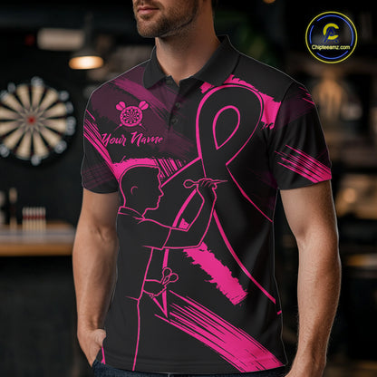 Man wearing a black and pink polo shirt with a graphic design in a bar setting