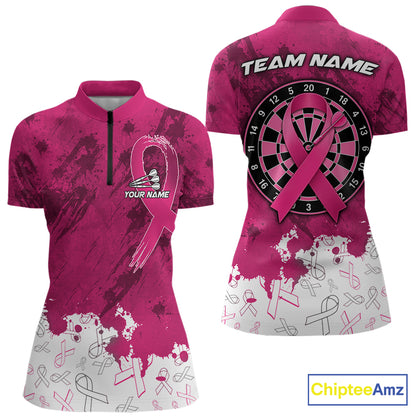 White and pink grunge ribbon dart shirt for women breast cancer dart team jersey
