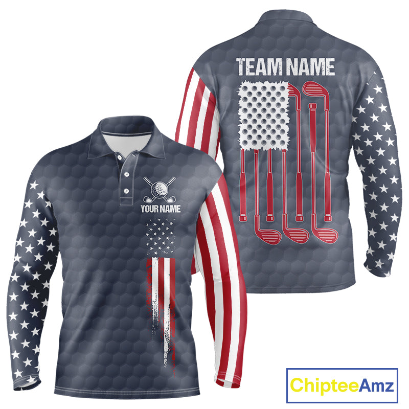 Men's golf polo shirt featuring grey golf ball pattern and patriotic American flag design, personalized performance golf apparel for men's golf teams, tournaments, country clubs, Father's Day gifts, symbolizing freedom, unity and American pride.