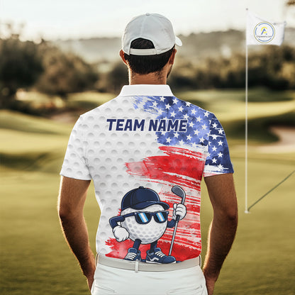 Male golfer wearing splash painting American flag golf polo during championship round, modern golf apparel for patriotic athletes, golf teams and tournament champions.