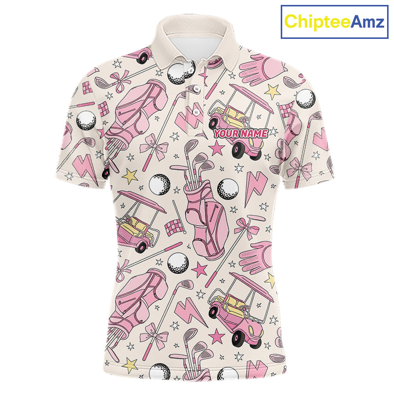 Men's personalized golf polo featuring pink golf ball and golf clubs design, lightweight performance golf apparel for golf teams, charity tournaments, Father's Day gifts and golf vacations, symbolizing confidence, teamwork and golf lifestyle.