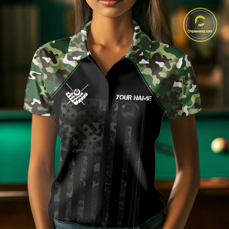 US Flag Camouflage 8 Ball Pool Billiard Polo & Quarter-Zip Custom Billiard Team Attire For Women NYN2748