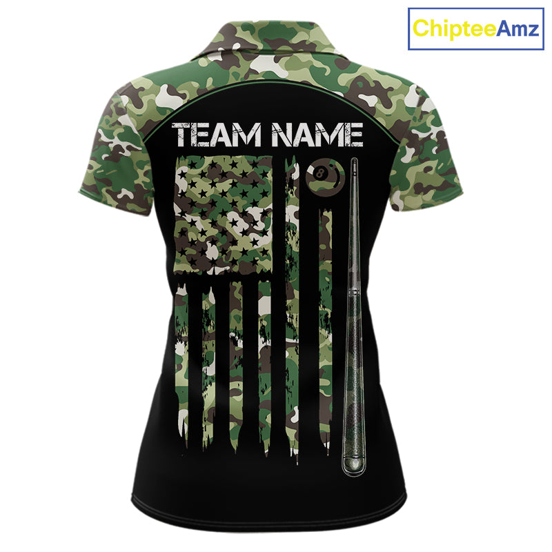 US Flag Camouflage 8 Ball Pool Billiard Polo & Quarter-Zip Custom Billiard Team Attire For Women NYN2748