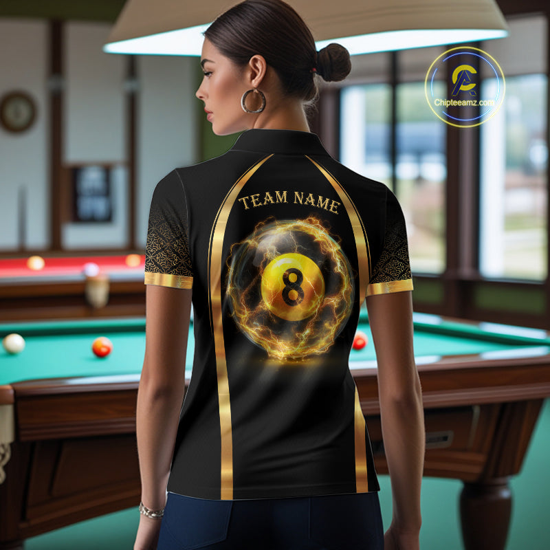 Black & Gold Thunder Lightning Yellow 8 Ball Pool Billiard Jerseys For Women Custom Billiard Team Shirt NYN2752