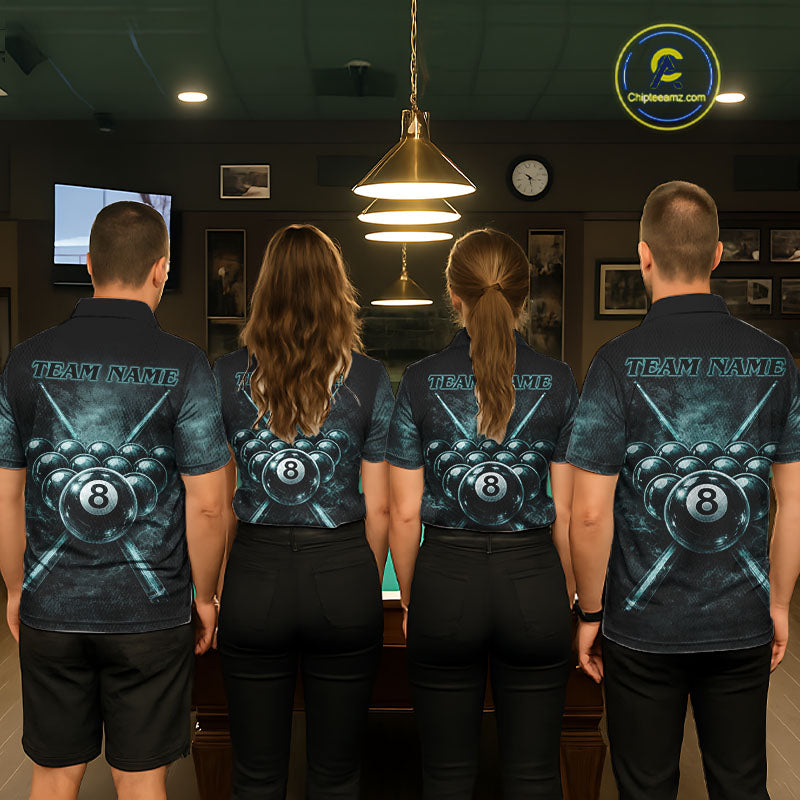 Custom Teal Smoke Grunge Skull Pool 8 Ball Women Billiard Shirt Personalized Ball Billiard Attire NYN2592