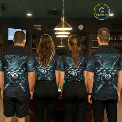 Custom Teal Smoke Grunge Skull Pool 8 Ball Women Billiard Shirt Personalized Ball Billiard Attire NYN2592