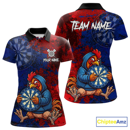 Blue And Red Grunge Funny Rooster Darts Shirt For Women Custom Name & Team Dart Outfits Jerseys NYN3162