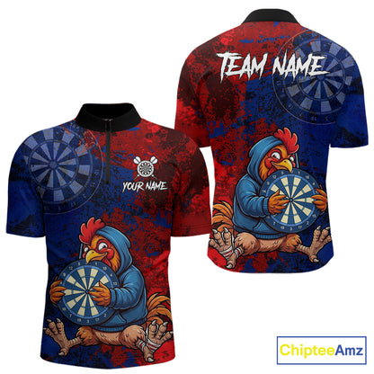 Blue And Red Grunge Funny Rooster Darts Shirt For Men Custom Name & Team Dart Outfits Jerseys NYN3162