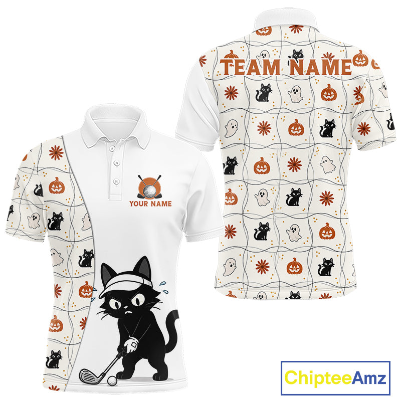 Funny Cat Golfer men's golf polo, Halloween golf shirt, personalized golf team uniform, moisture-wicking golf apparel