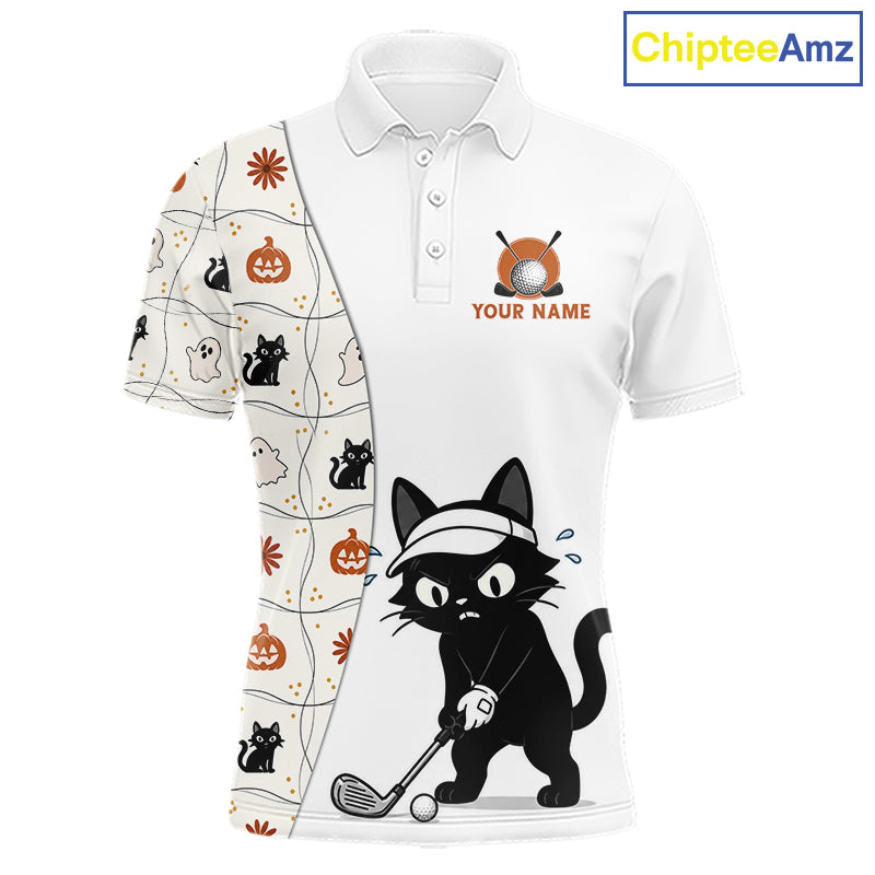 Funny Cat Golfer men's golf polo, Halloween golf shirt, personalized golf team uniform, moisture-wicking golf apparel