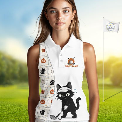 Female golfer wearing Funny Cat Halloween golf polo, personalized golf apparel, golf league fashion, spooky golf outfit