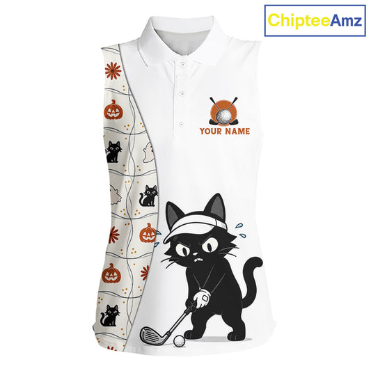 Funny Cat Golfer Halloween women sleeveless golf polo, personalized cat golf shirt, spooky golf apparel, ladies golf tournament, Halloween golf gift