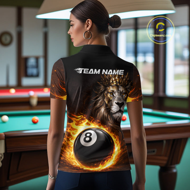 Yellow Flames Crown Lion Pool 8 Ball Women Billiard Polo & 1/4-Zip Shirt Custom Billiard Attire NYN2605
