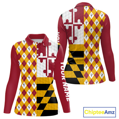 Womens Golf Polo Shirts Maryland Flag Patriotic Custom Golf Ball Argyle Pattern Womens Golf Polos NYN3382