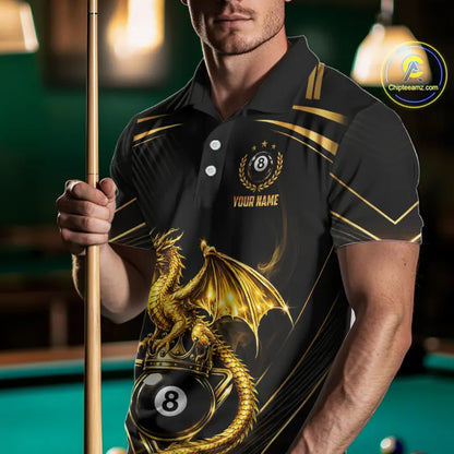 Black & Gold 8 Ball Crown Men's Billiard Team Shirt Custom Dragon Pool Billiard Jerseys NYN2348