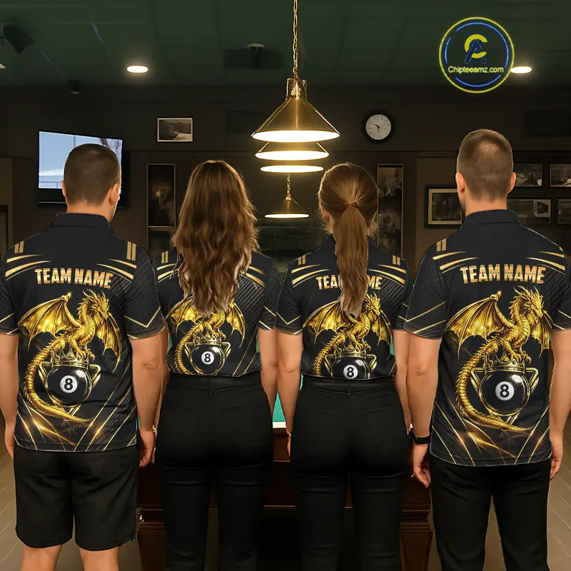 Black & Gold 8 Ball Crown Men's Billiard Team Shirt Custom Dragon Pool Billiard Jerseys NYN2348