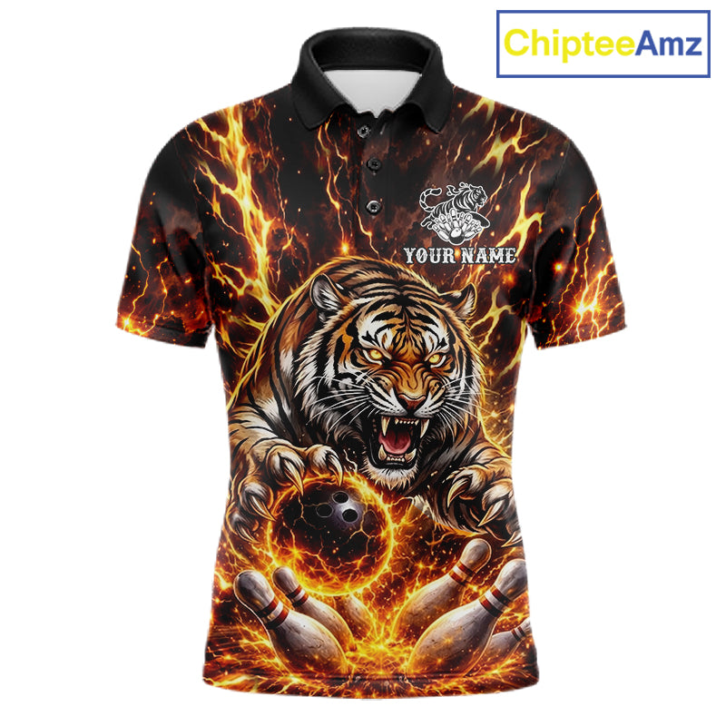 Custom Orange Fire Flaming Tiger Bowling Shirts For Men Tiger Bowling Tournament Shirt NYN3944