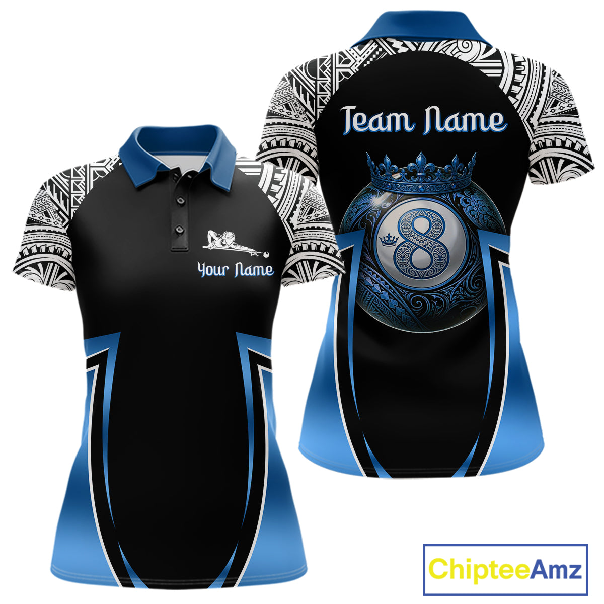 Blue Tribal 8 Ball Billiard Shirt For Women Personalized Tribal Pool Polo & 1/4-Zip Team Jersey NYN2984