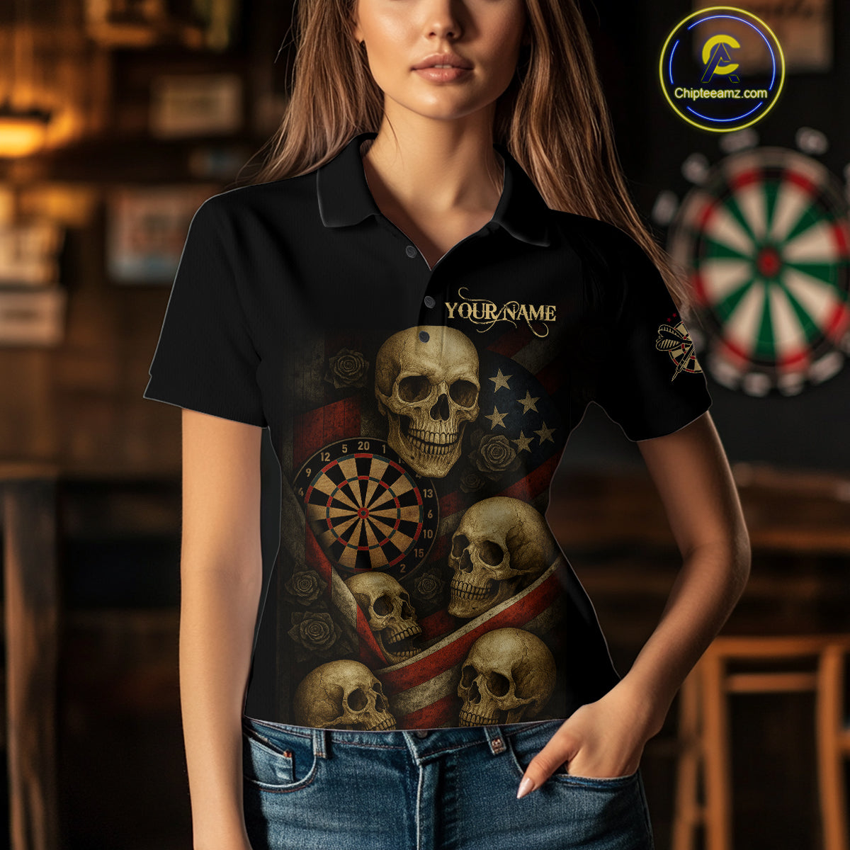 Custom Grunge Skull Dartboard Patriotic Dart Women Polo Shirt US Flag Dart Jerseys NYN1562