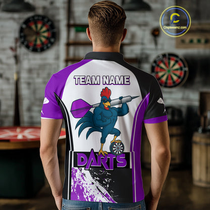 Purple Fiery Rooster Fury Dart Arrow Men Funny Darts Polo Shirt Custom Name Darts Jersey NYN2112