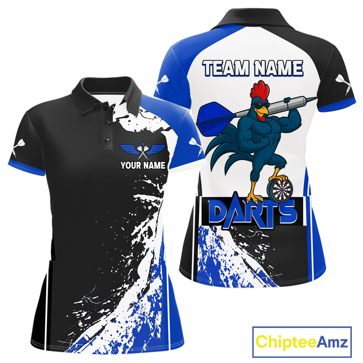 Blue Fiery Rooster Fury Dart Arrow Women Funny Darts Polo Shirt Custom Name Darts Jersey NYN2113