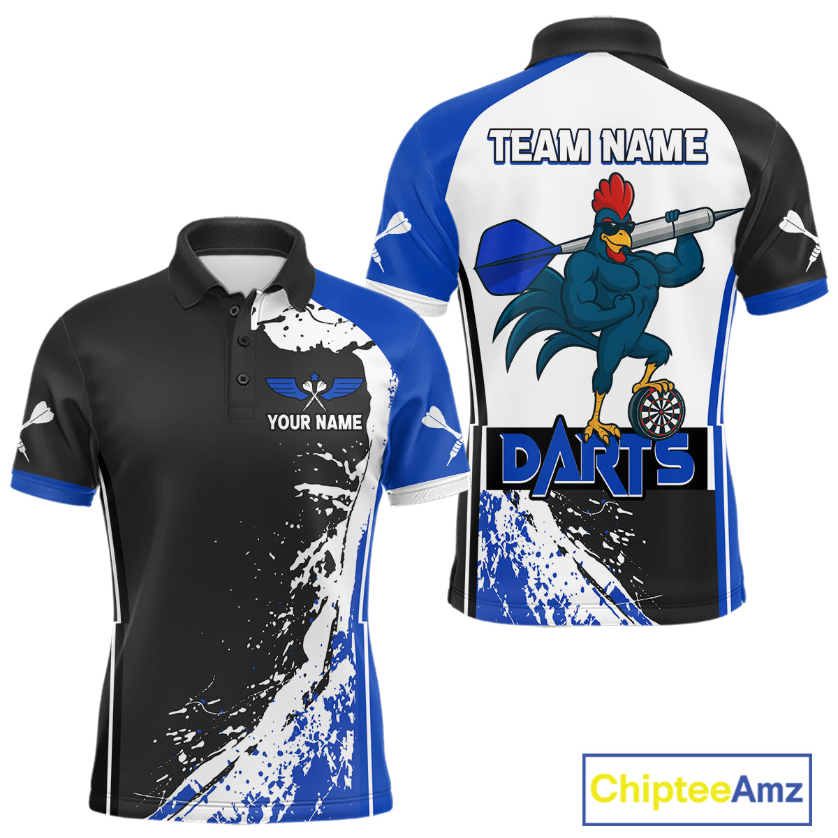 Blue Fiery Rooster Fury Dart Arrow Men Funny Darts Polo Shirt Custom Name Darts Jersey NYN2113