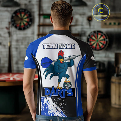 Blue Fiery Rooster Fury Dart Arrow Men Funny Darts Polo Shirt Custom Name Darts Jersey NYN2113