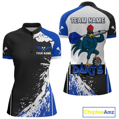 Blue Fiery Rooster Fury Dart Arrow Women Funny Darts Quarter- Zip Shirt Custom Name Darts Jersey NYN2113