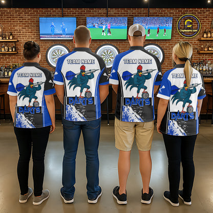 Blue Fiery Rooster Fury Dart Arrow Men Funny Darts Quarter- Zip Shirt Custom Name Darts Jersey NYN2113