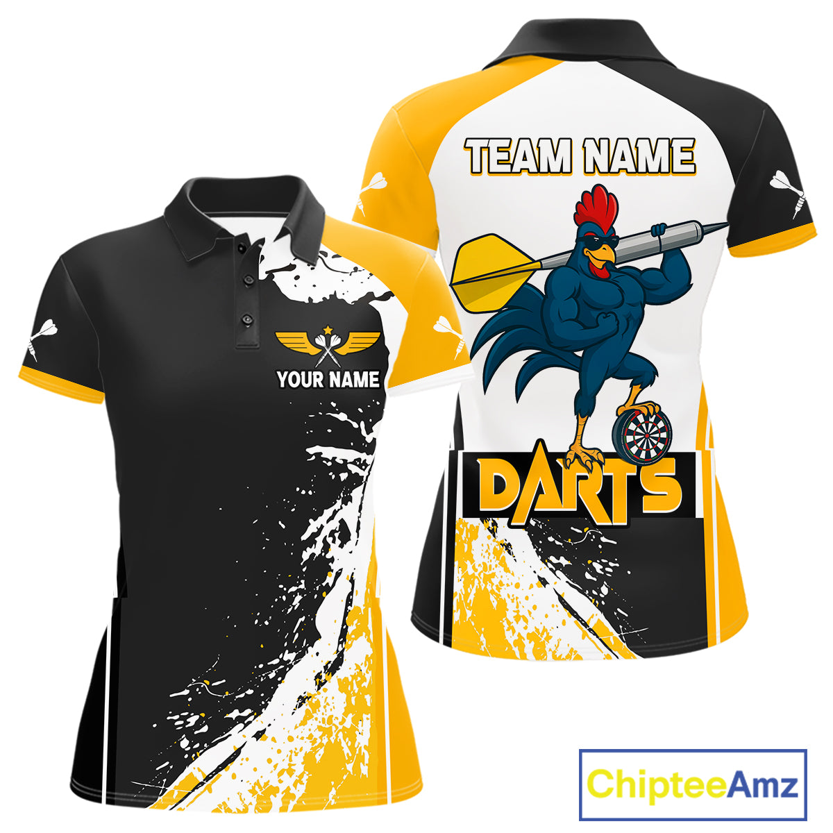 Yellow Fiery Rooster Fury Dart Arrow Women Funny Darts Polo Shirt Custom Name Darts Jersey NYN2114