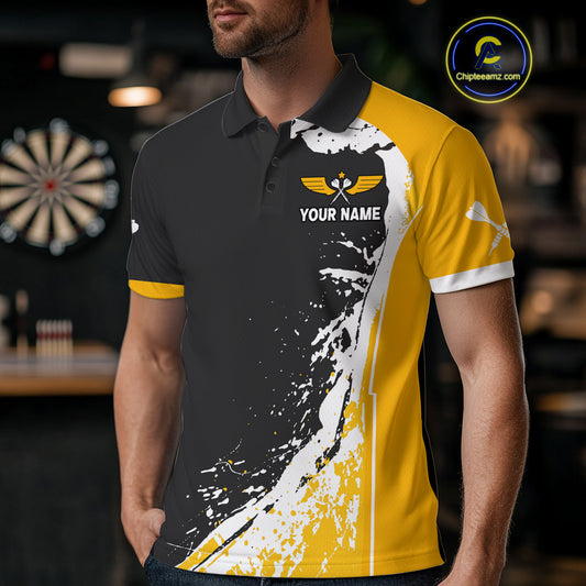 Yellow Fiery Rooster Fury Dart Arrow Men Funny Darts Polo Shirt Custom Name Darts Jersey NYN2114
