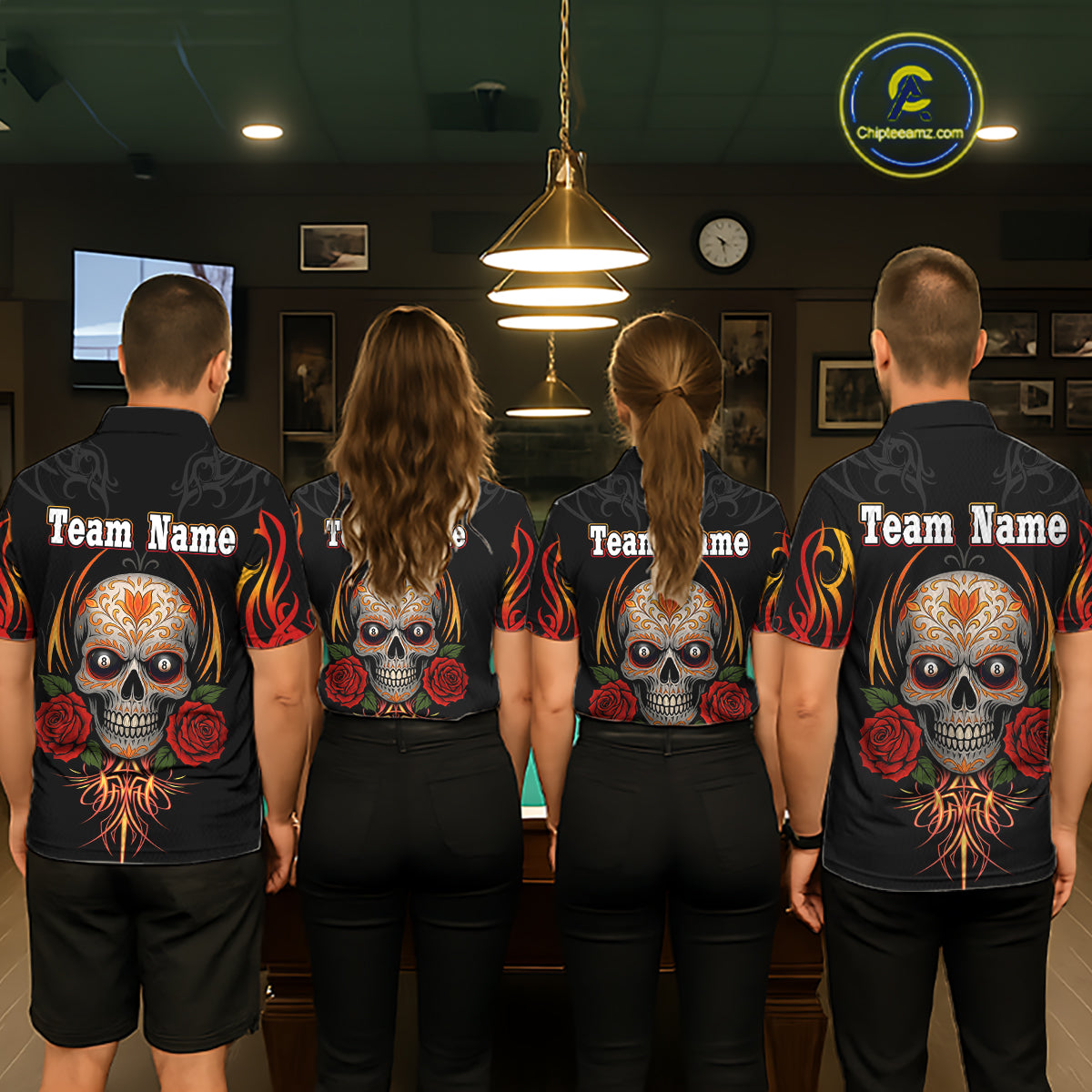 Skull Tribal Ball Pool Men Billiard Polo & 1/4-Zip Shirts Custom Flame 8 Ball Billiard Attire NYN2389