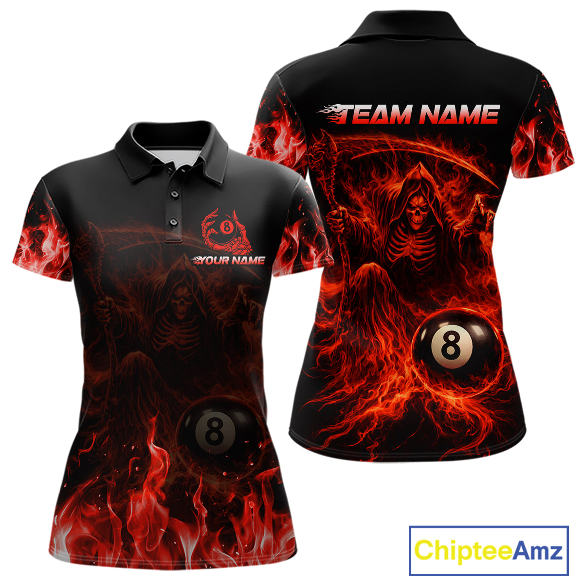 Custom Red Flaming Grim Reaper 8 Ball Billiard Pool Shirts For Women Bowling Polo & 1/4-Zip Jersey NYN2775