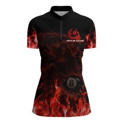 Custom Red Flaming Grim Reaper 8 Ball Billiard Pool Shirts For Women Bowling Polo & 1/4-Zip Jersey NYN2775