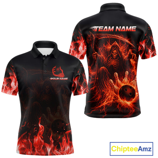 Personalized Red Flaming Grim Reaper Bowling Team Shirts For Women Bowling Polo & 1/4-Zip Jersey NYN2776