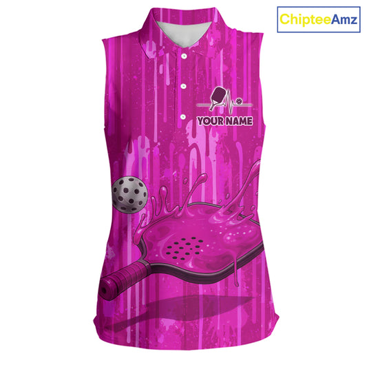 Custom Pink Dripping Pickleball Paddle & Ball Sleeveless Polo Shirts Women Splashed Colorful Pickleball Shirt NYN2785
