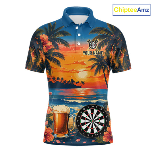Funny Beer & Dartboard men's darts polo with tropical sunset artwork, custom dart team jersey, bar league shirt, pub tournament apparel, steel tip darts uniform, personalized athletic polo, championship sportswear