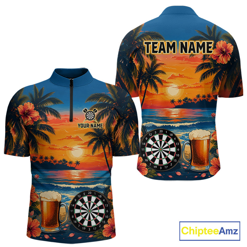 Funny Beer & Dartboard men's quarter-zip darts shirt with tropical beach graphics, custom darts league jersey, personalized tournament apparel, performance sportswear, bar league team uniform