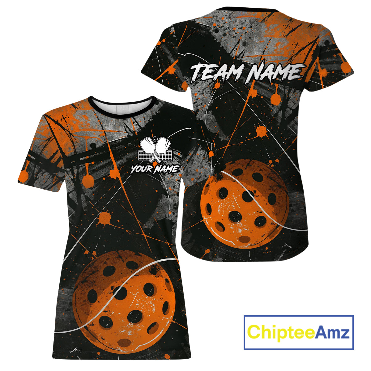 Custom Black Grunge Orange Pickleball Ball T-Shirt For Women Splatter Pickleball Jerseys NYN1601