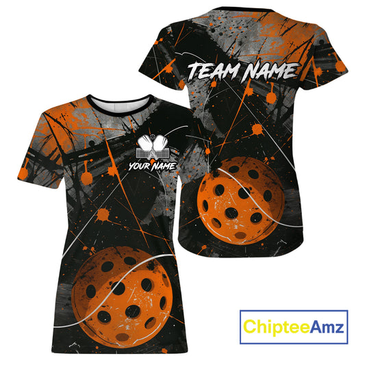Custom Black Grunge Orange Pickleball Ball T-Shirt For Women Splatter Pickleball Jerseys NYN1601