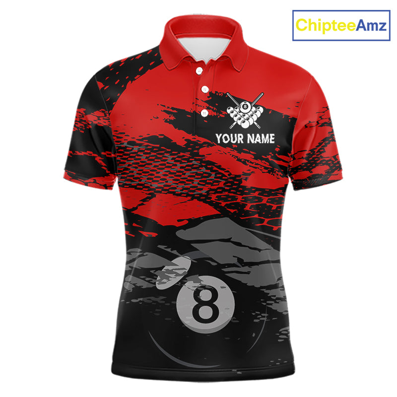 Grunge Black & Red 8 Ball men's billiard polo with vintage USA flag graphics, personalized pool league jersey, custom tournament apparel, patriotic cue sports performance uniform