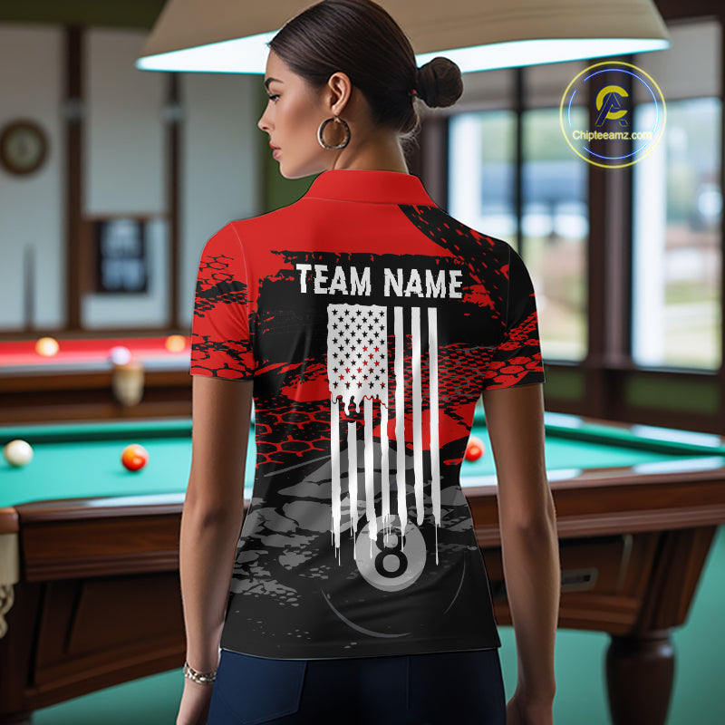Female model wearing Grunge Black & Red women's billiard polo, personalized USA pool jersey, patriotic tournament apparel, custom cue sports performance clothing