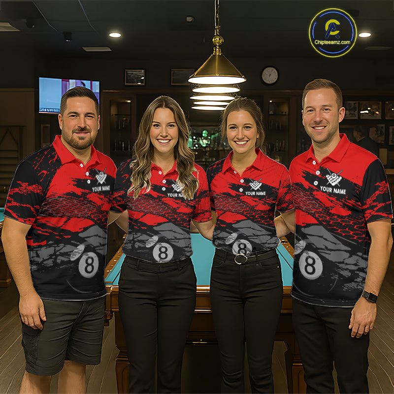 Matching Grunge Black & Red billiard team jerseys with American Flag artwork, patriotic APA tournament uniforms, veterans event apparel, championship cue sports team clothing, matching league jerseys