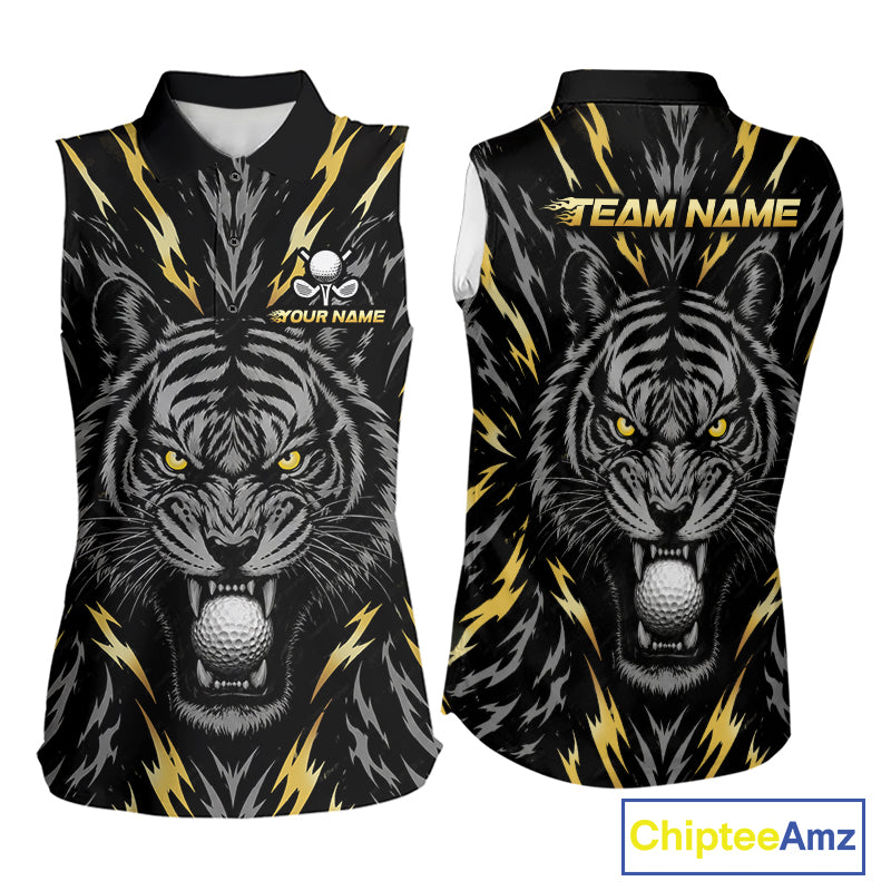Custom Gold And Grey Tiger Golf Ball Team Attire Funny Sleeveless Golf Polo Golf Shirts For Women NYN3995