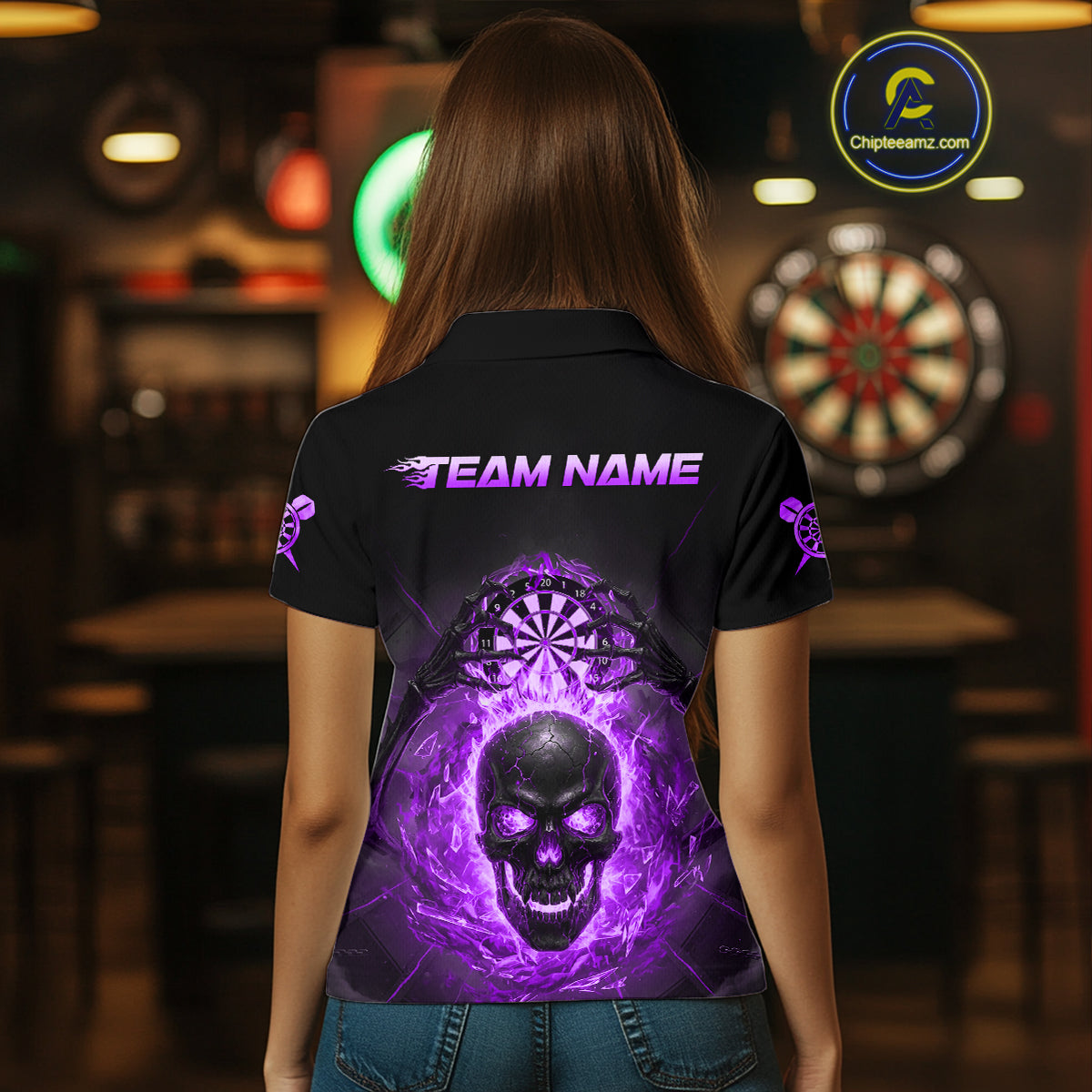Custom Purple Flames Skull Broken Glass Women Darts Polo Shirt Outfits Dart Jerseys NYN1904