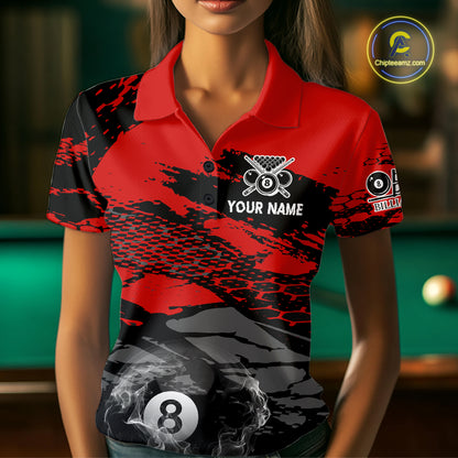 Black & Red Grunge 8 Ball Pool Women Billiard Polo & 1/4-Zip Jersey Custom Billiard Shirt Designs NYN2411