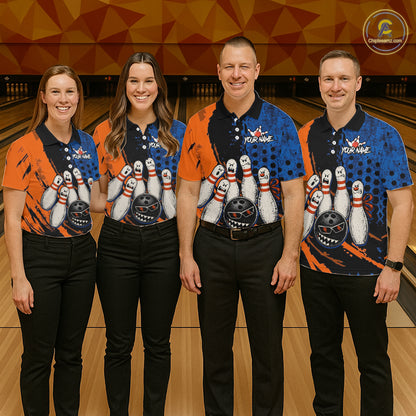 Custom Grunge Orange And Blue Angry Women Bowling Ball & Pins Shirts Funny Bowling Team Outfits NYN3185