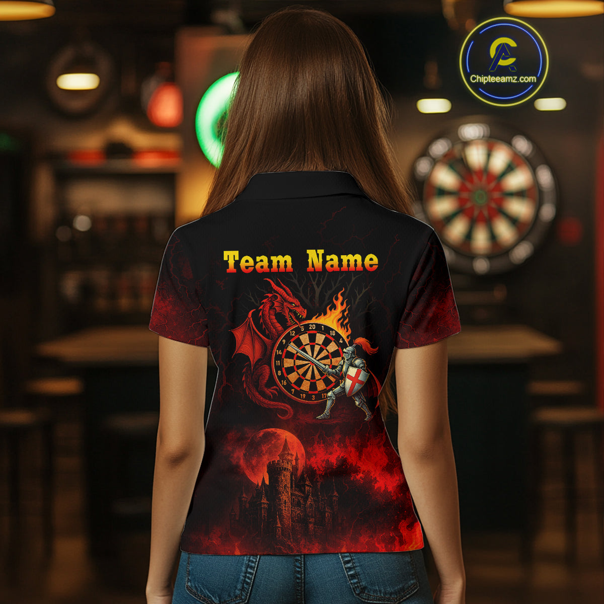 Medieval Power Darts Team Shirt For Women - Flaming Dartboard & Castle | Custom Name NYN0485