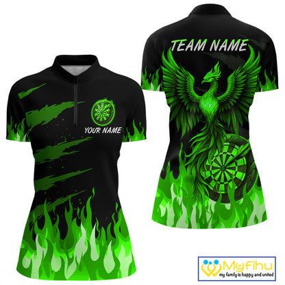 Cusrtom Green Flames Phoenix Dartboard Dart 1/4-Zip Jersey For Women Dart Tournament Team Shirts NYN0981