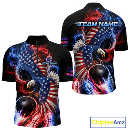 Custom Thunder Bowling Shirt For Men USA Flag Flame Eagle Bowling Polo Quarter-Zip Shirt NYN4009
